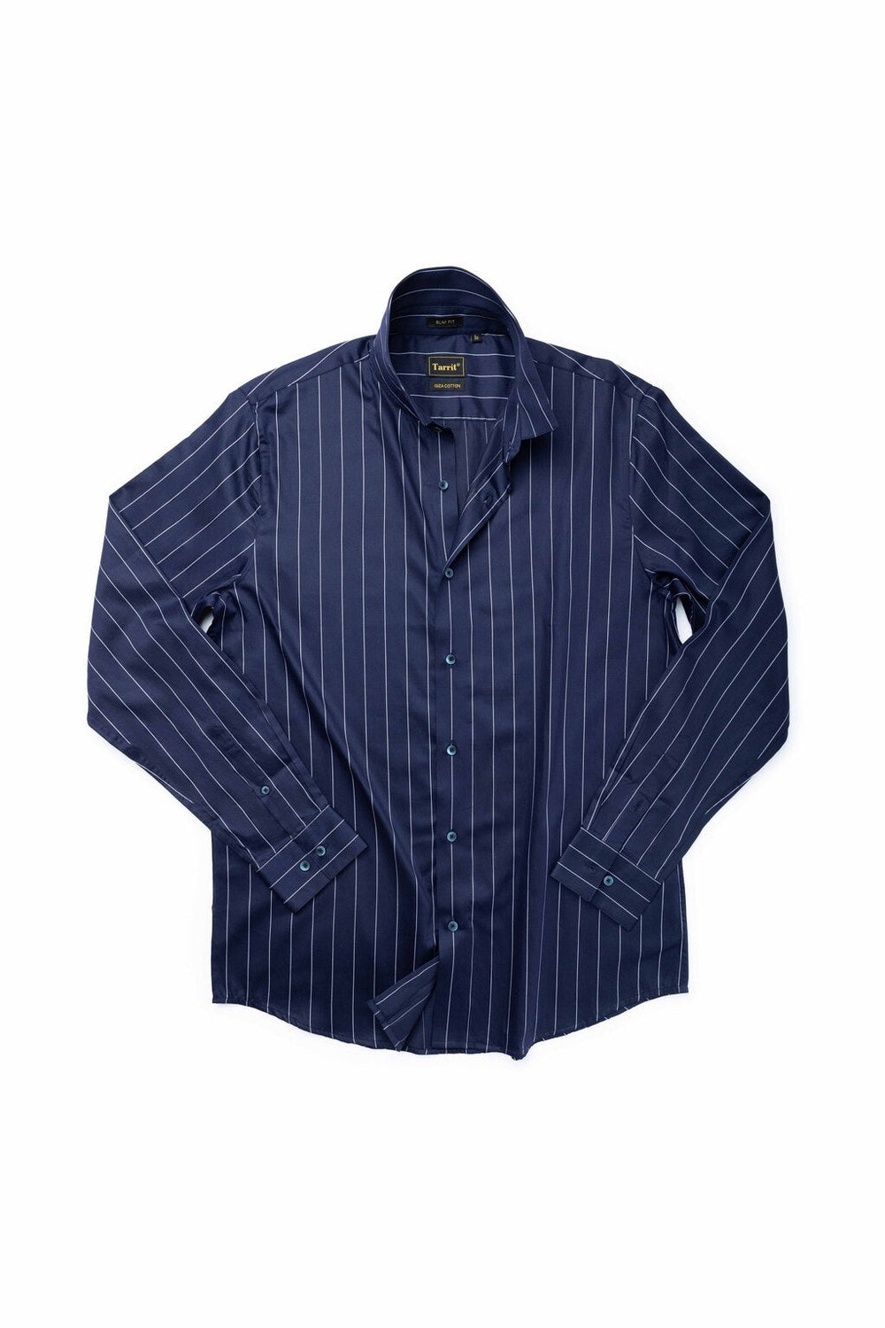 Navy and white and wine and cream Tarrit striped shirts for men shown side by side to compare colours