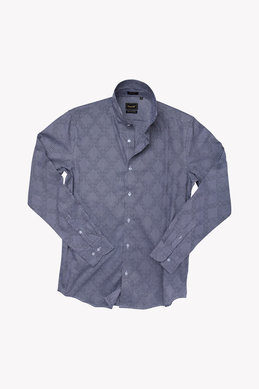 A Tarrit jacquard shirt paired with plain neutral trousers and leather shoes, letting the woven texture lead