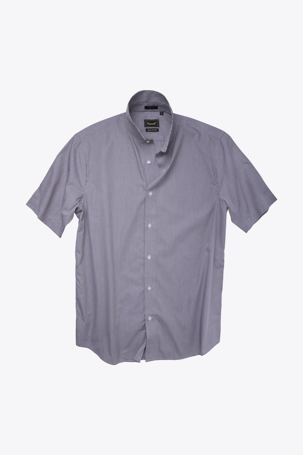 Close-up of a Tarrit Midnight Navy jacquard shirt in Egyptian Giza cotton showing woven tone-on-tone self design texture