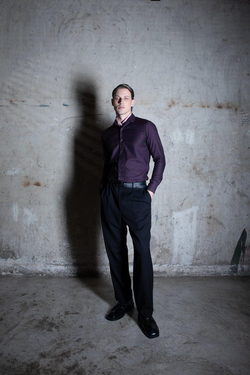 Jacquard shirt styled with plain trousers and a solid blazer — Tarrit Jacquards collection