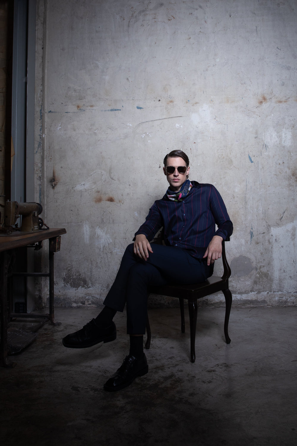 male wedding guest in a steel-blue shirt for an evening reception