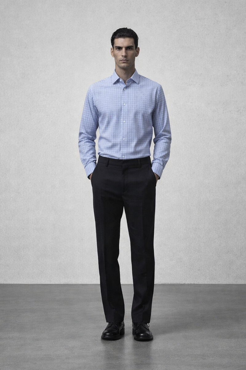 Check shirts for office men — tonal micro check tucked in with tailored trousers