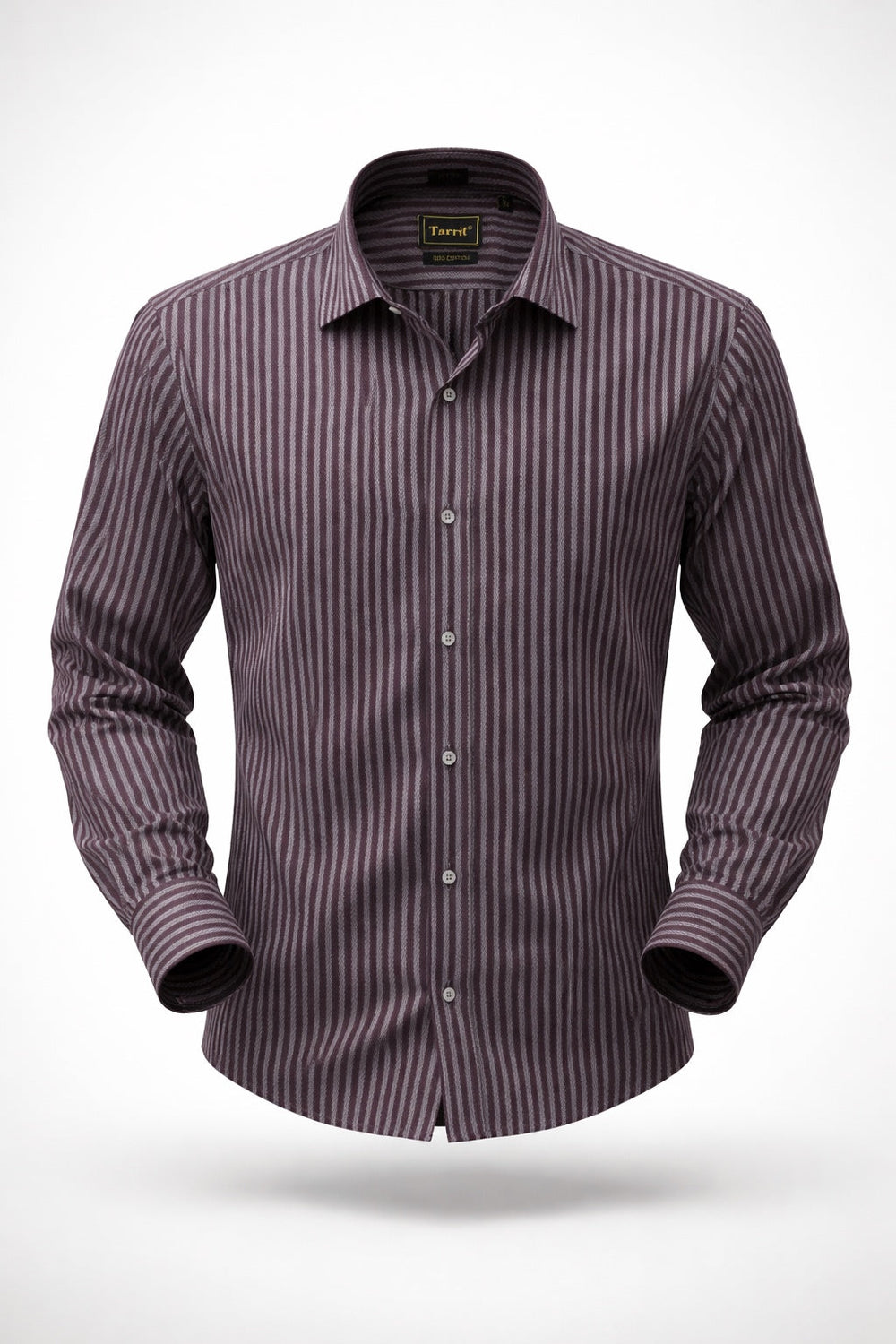 Man in a fine pinstripe Tarrit shirt at the office beside a bolder multi-stripe for smart-casual days