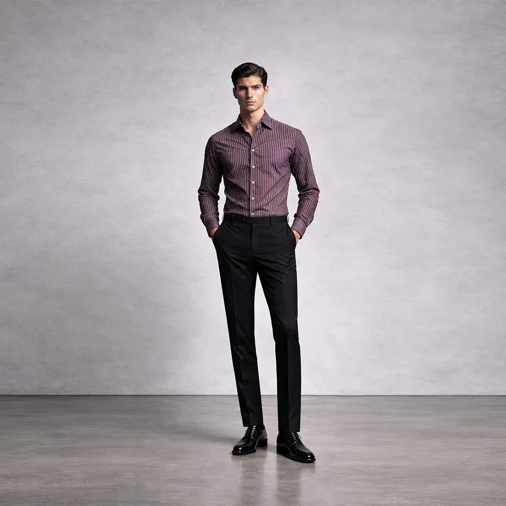 How should men style vertical stripe shirts to look taller and sharper?