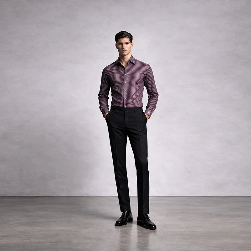 How should men style vertical stripe shirts to look taller and sharper?