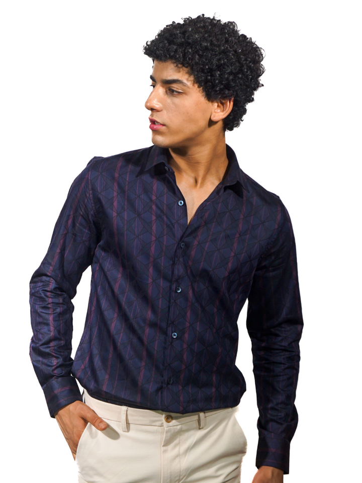Giza Pink Stripe Diamond Jacquard Long Sleeve Shirt for Men
