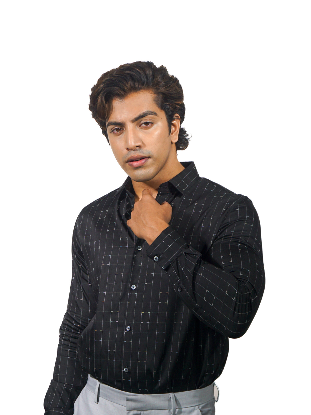 Giza Silver Pixel Jacquard Checks Long Sleeve Shirt for Men