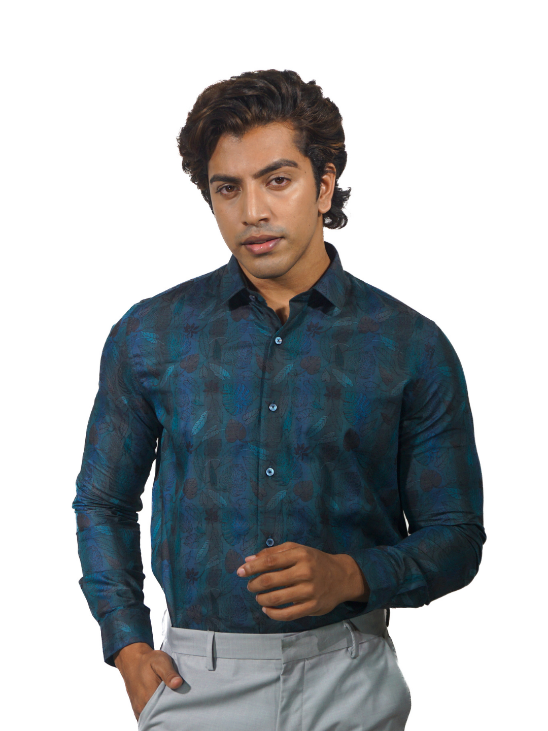 Giza Blue Amazon Jacquard Long Sleeve Shirt for Men