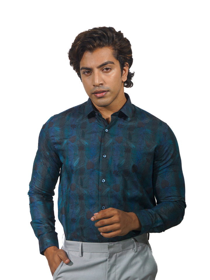 Giza Blue Amazon Jacquard Long Sleeve Shirt for Men