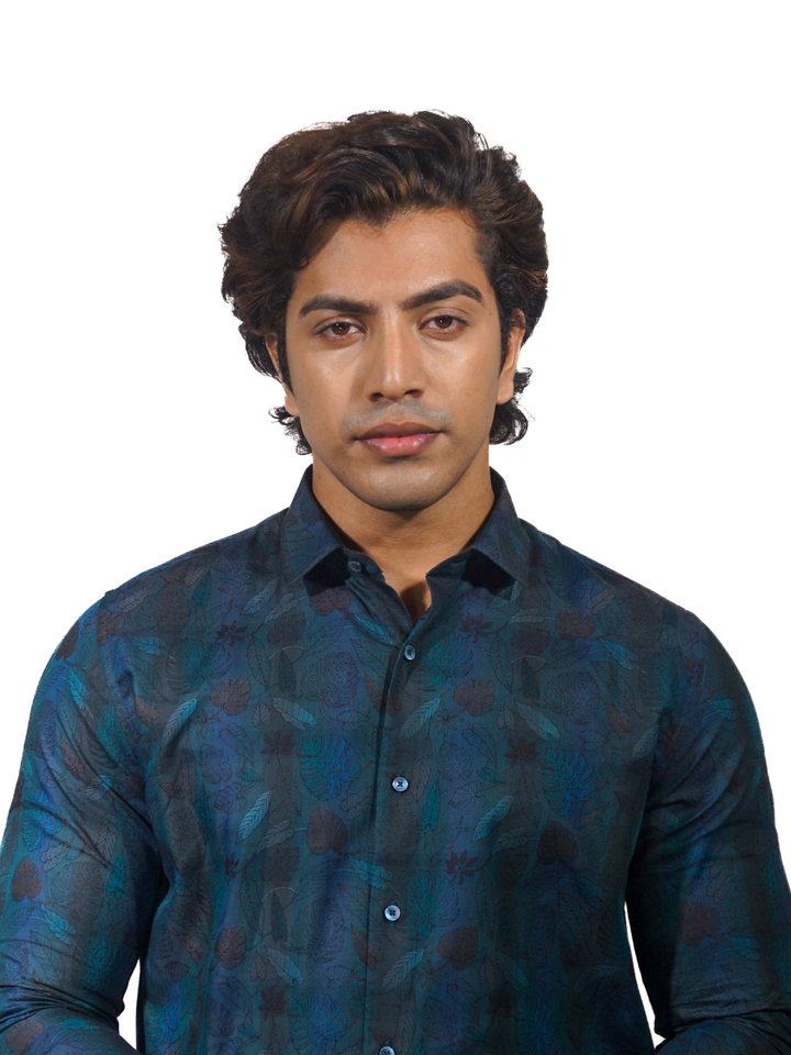 Giza Blue Amazon Jacquard Long Sleeve Shirt for Men