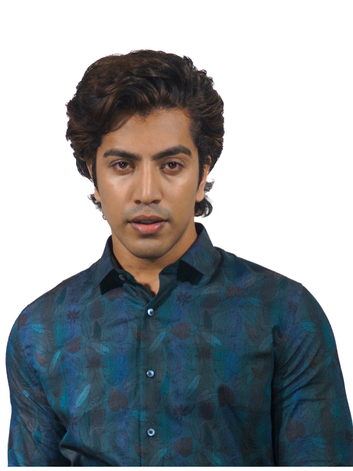 Giza Blue Amazon Jacquard Long Sleeve Shirt for Men