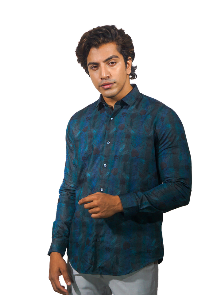 Giza Blue Amazon Jacquard Long Sleeve Shirt for Men