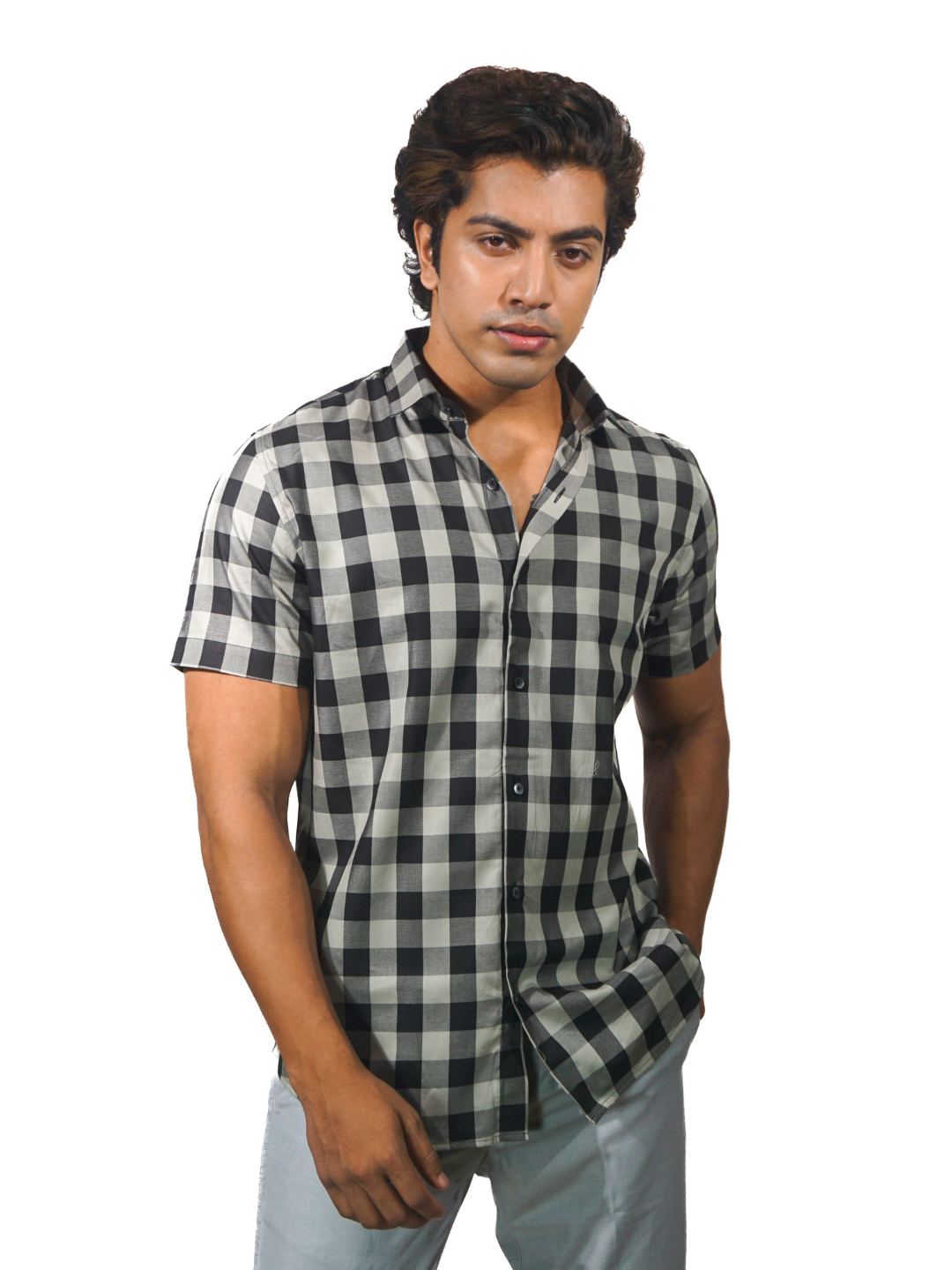grey black checked shirt men 