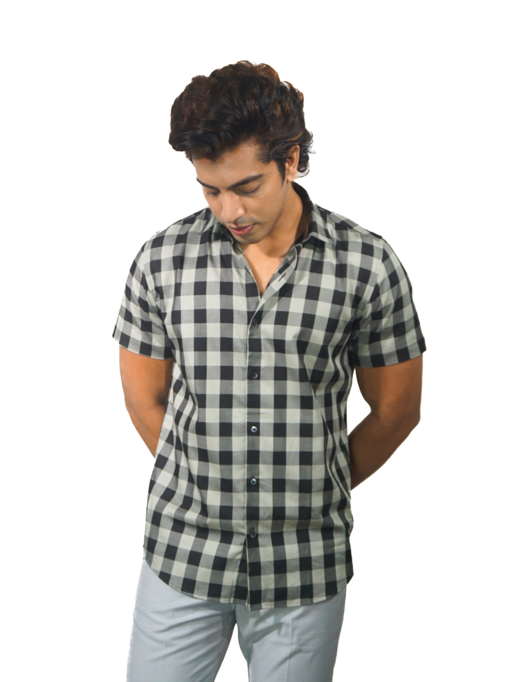 grey black checked shirt men