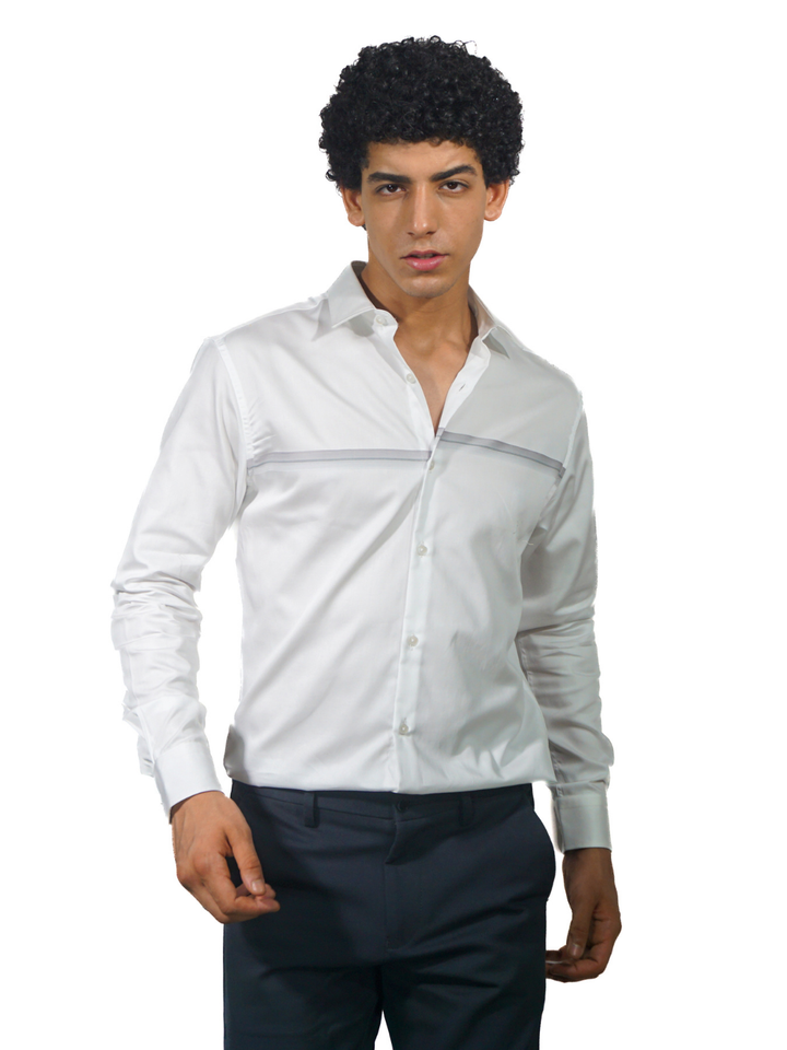 Giza White Grey Engineered Stripe Long Sleeve Shirt for Men