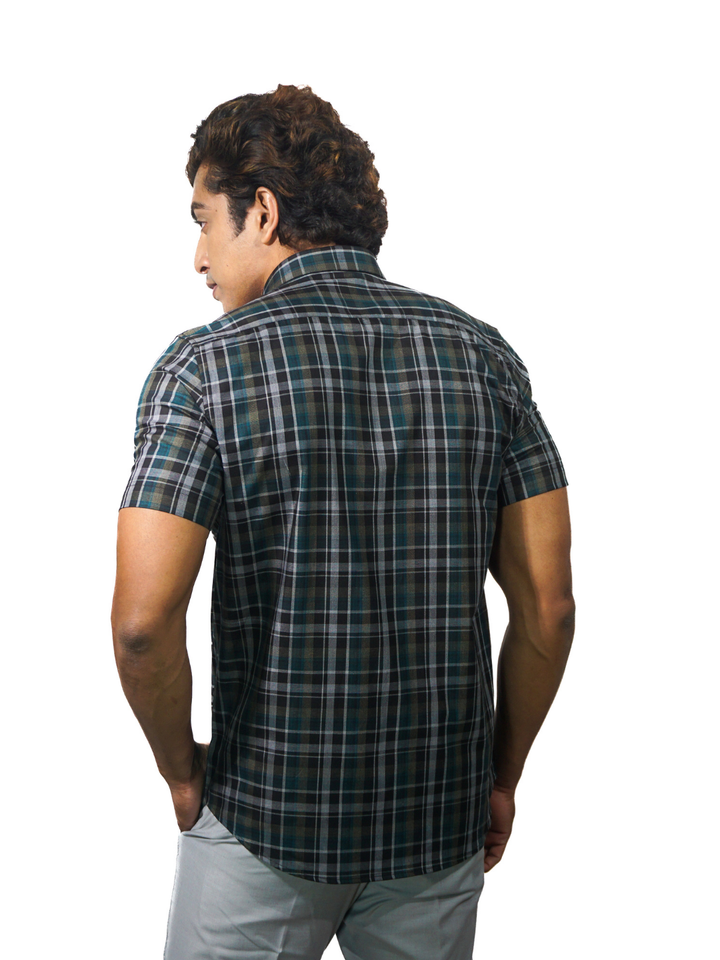 Green Multi Dyed Checks Short Sleeve Shirt for Men