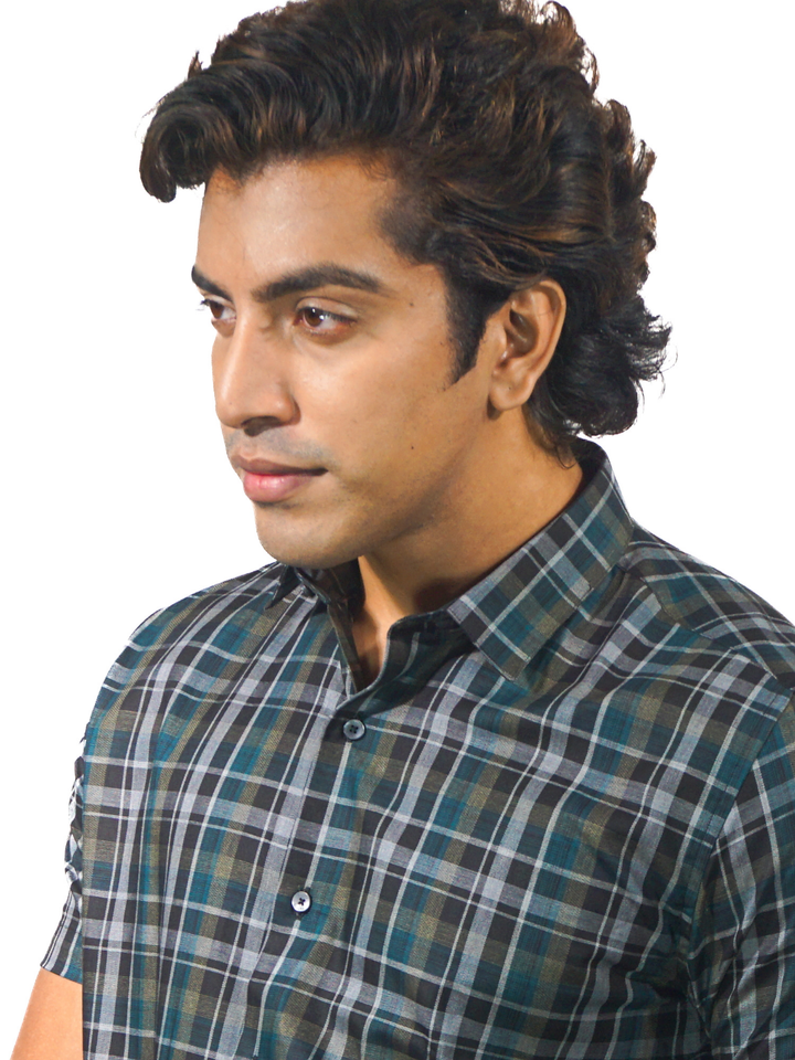 Green Multi Dyed Checks Short Sleeve Shirt for Men