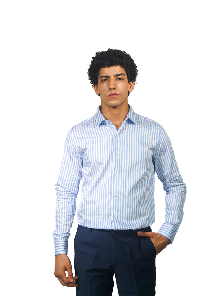 Giza White Stripe Florac Print Long Sleeve Shirt for Men