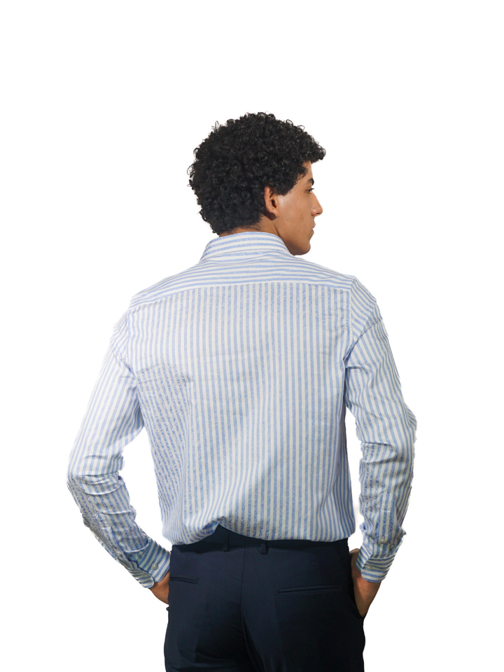 Giza White Stripe Florac Print Long Sleeve Shirt for Men