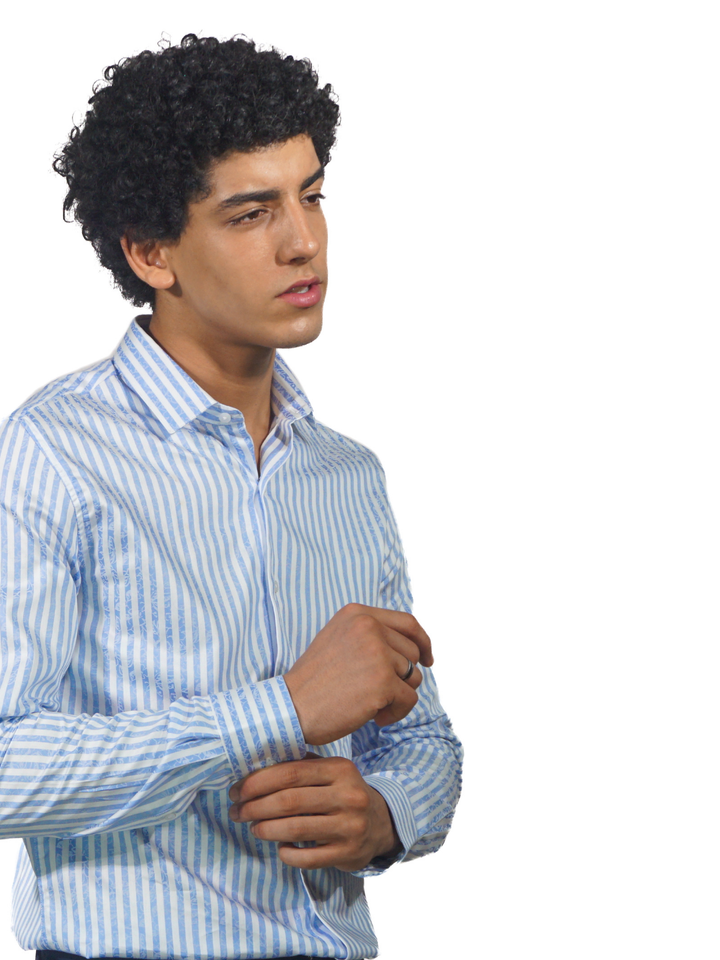 Giza White Stripe Florac Print Long Sleeve Shirt for Men
