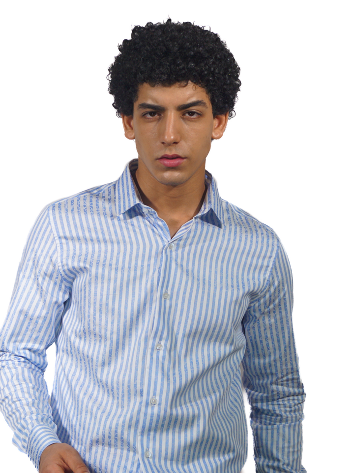 Giza White Stripe Florac Print Long Sleeve Shirt for Men