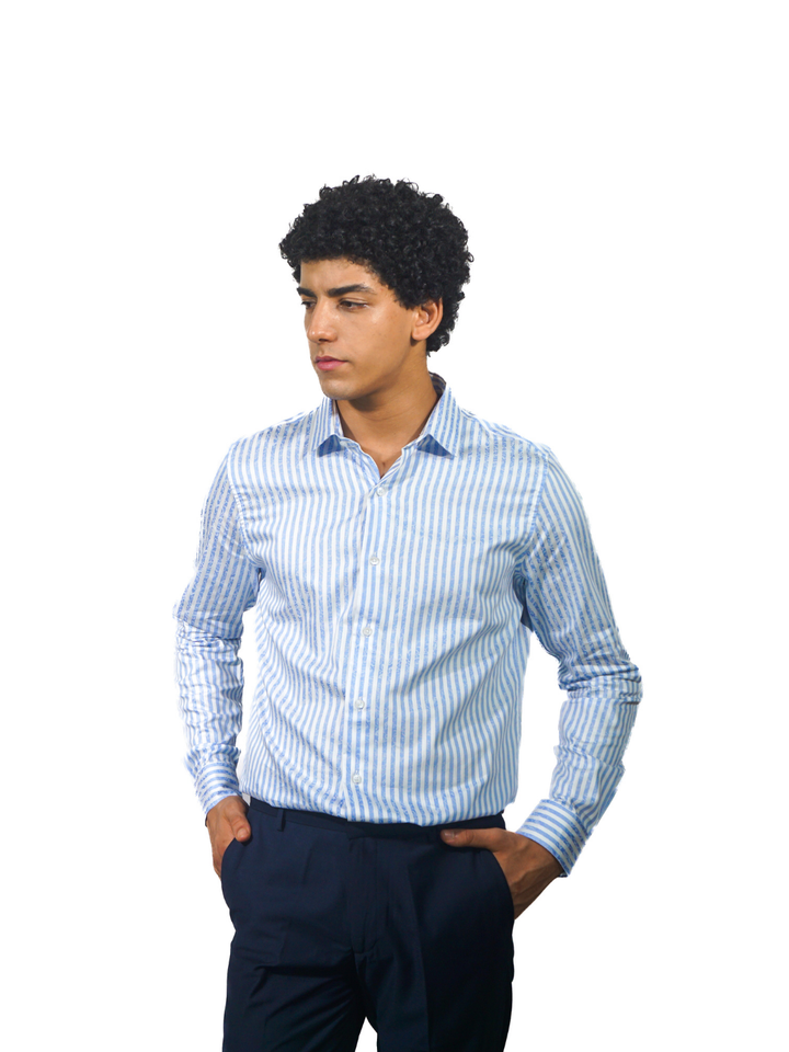 Giza White Stripe Florac Print Long Sleeve Shirt for Men