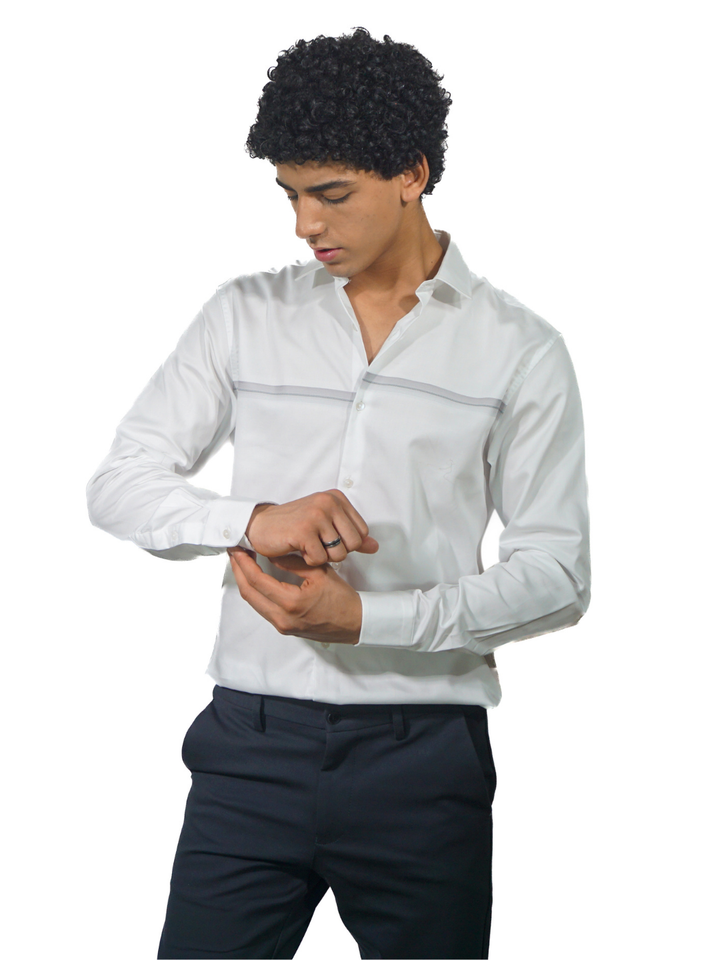 Giza White Grey Engineered Stripe Long Sleeve Shirt for Men
