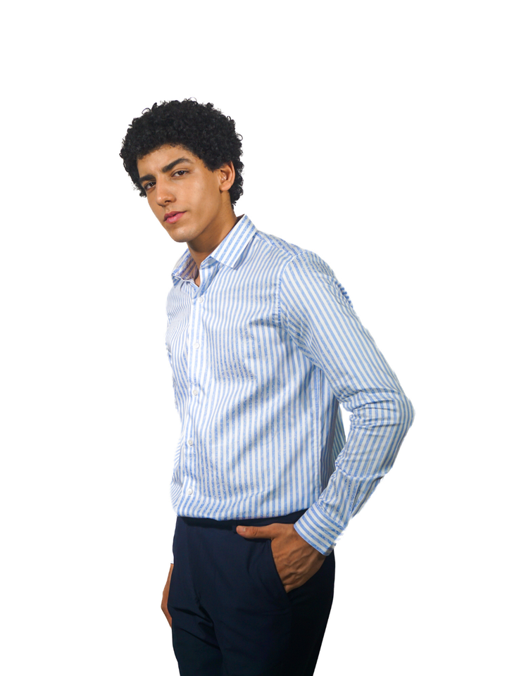 Giza White Stripe Florac Print Long Sleeve Shirt for Men