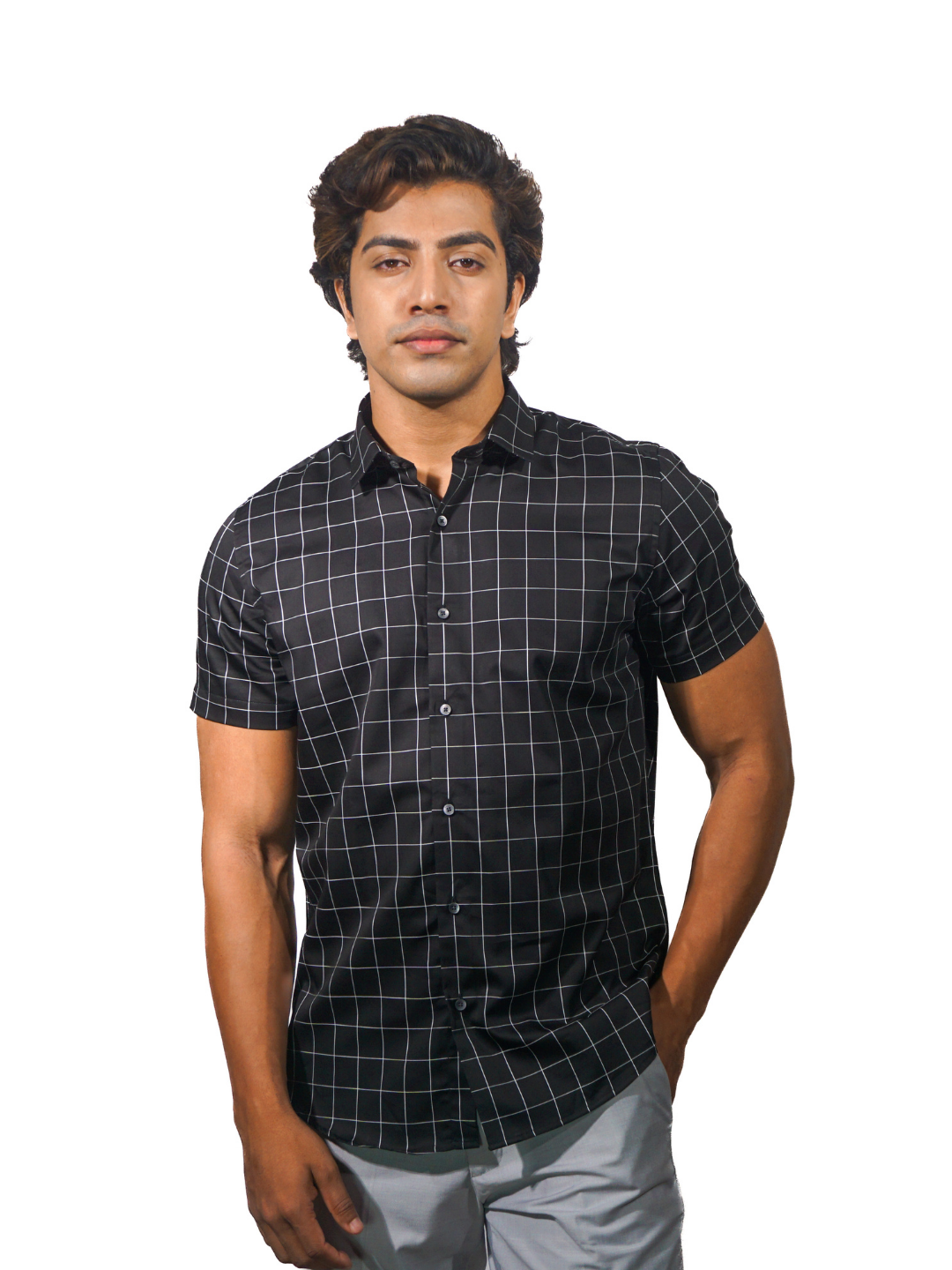 Fine Cotton Silver Dyed Checks Short Sleeve Shirt for Men