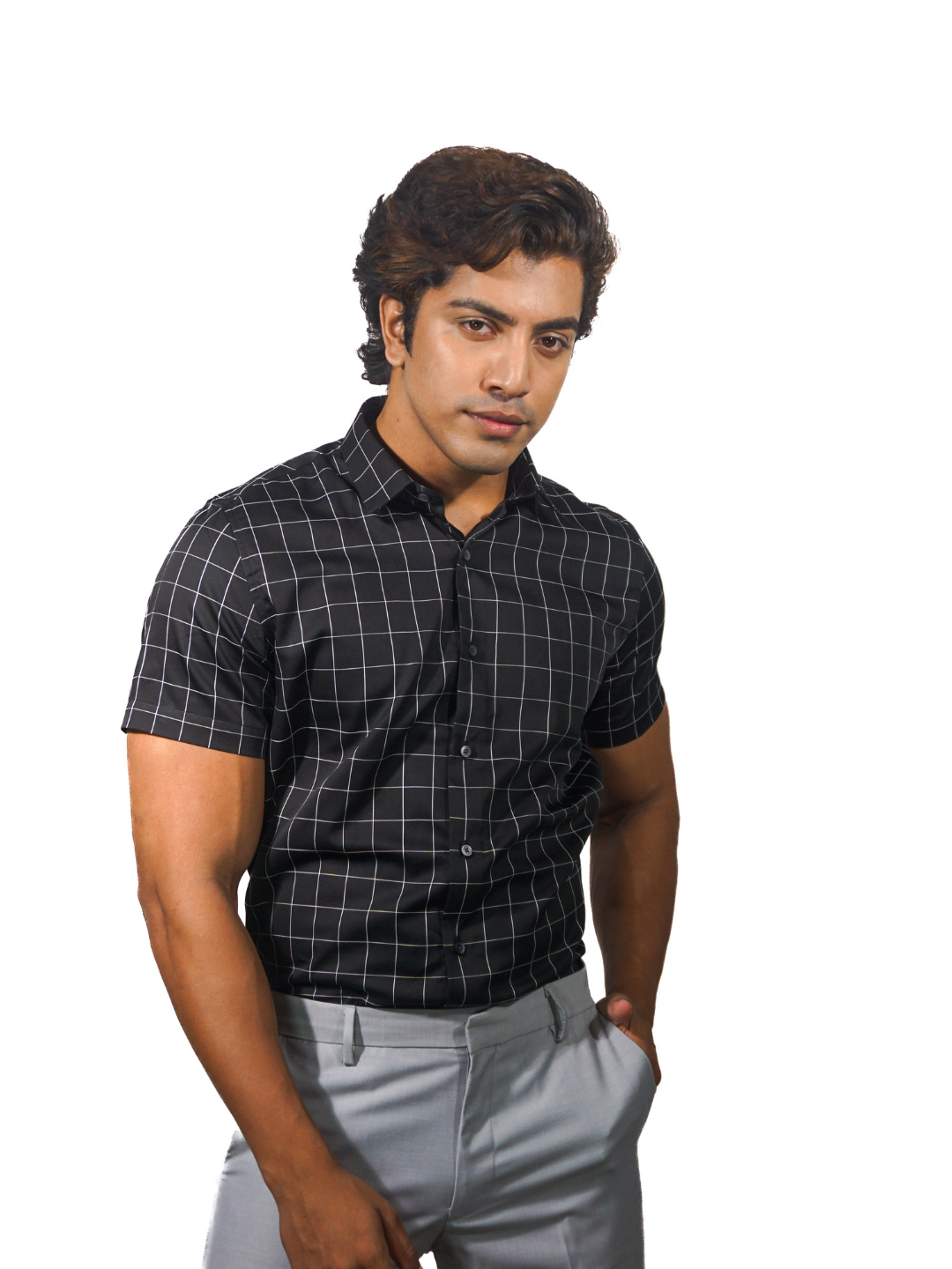 Fine Cotton Silver Dyed Checks Short Sleeve Shirt for Men