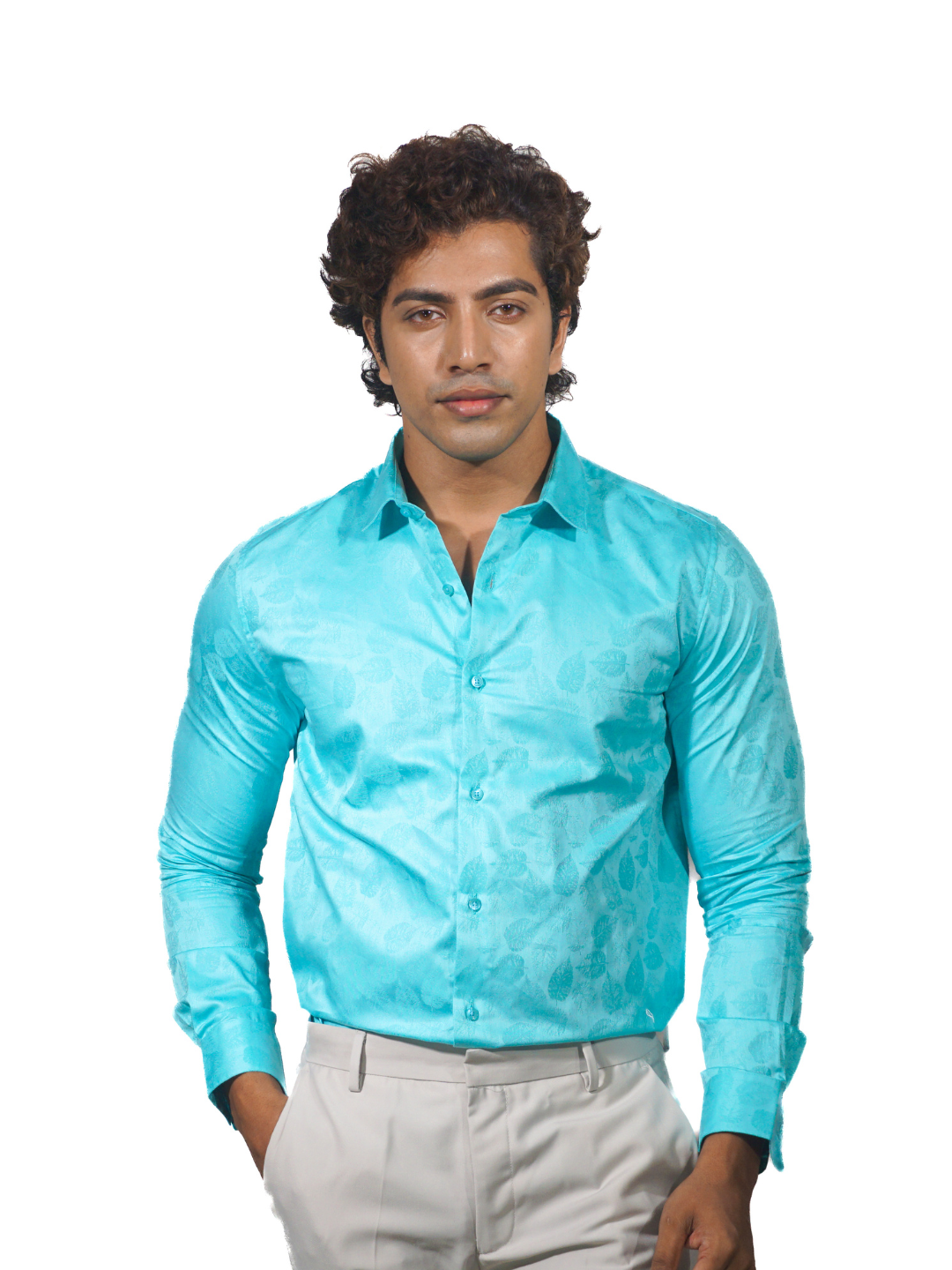 Giza Solid Turquiose Jacquard Long Sleeve Shirt for Men