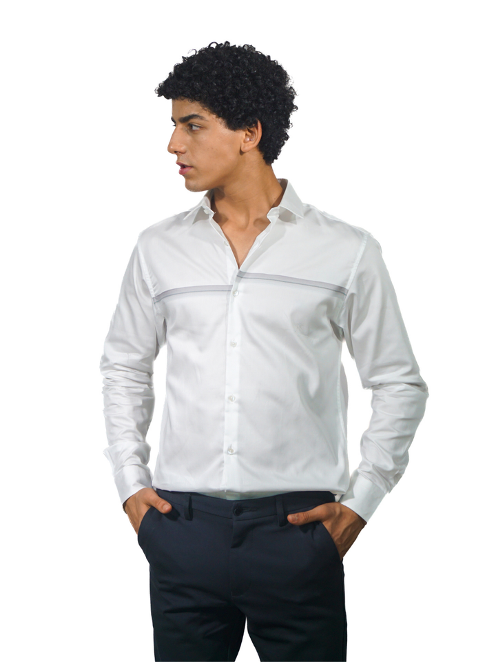 Giza White Grey Engineered Stripe Long Sleeve Shirt for Men