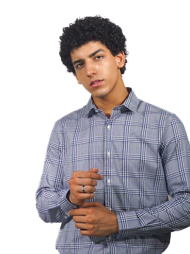 Blue White Checks Long Sleeve Shirt for Men