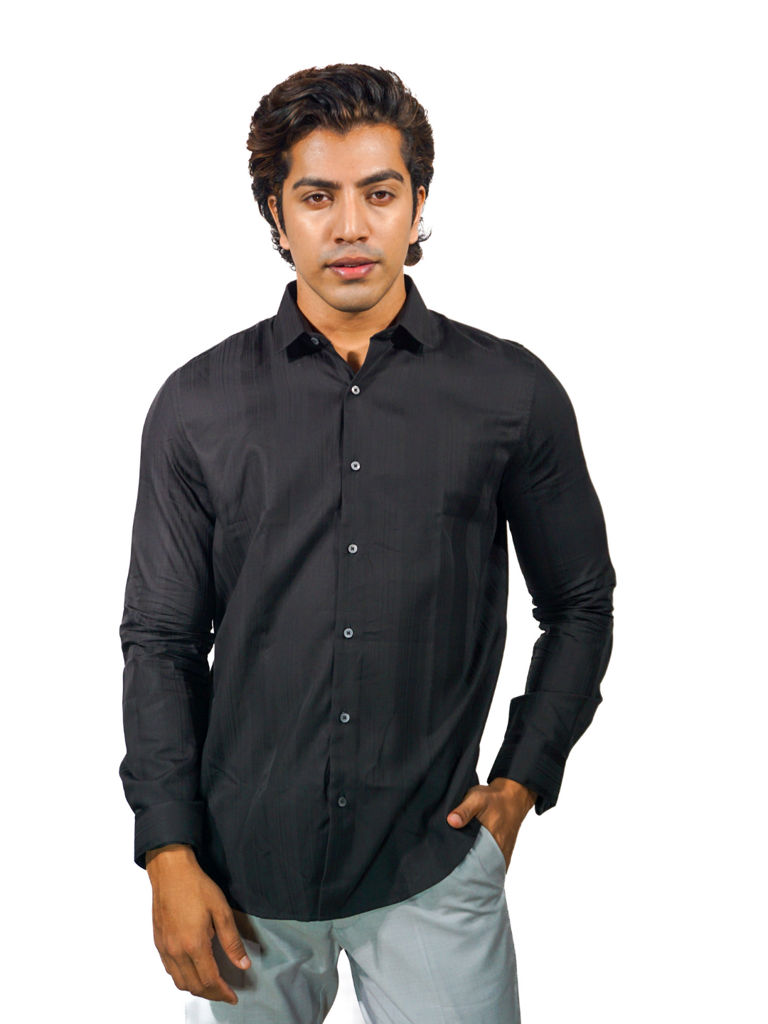 Solid Black Stripe Long Sleeve Shirt