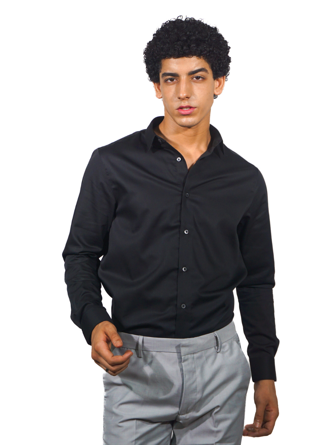 Solid Black Long Sleeve Shirt for Men