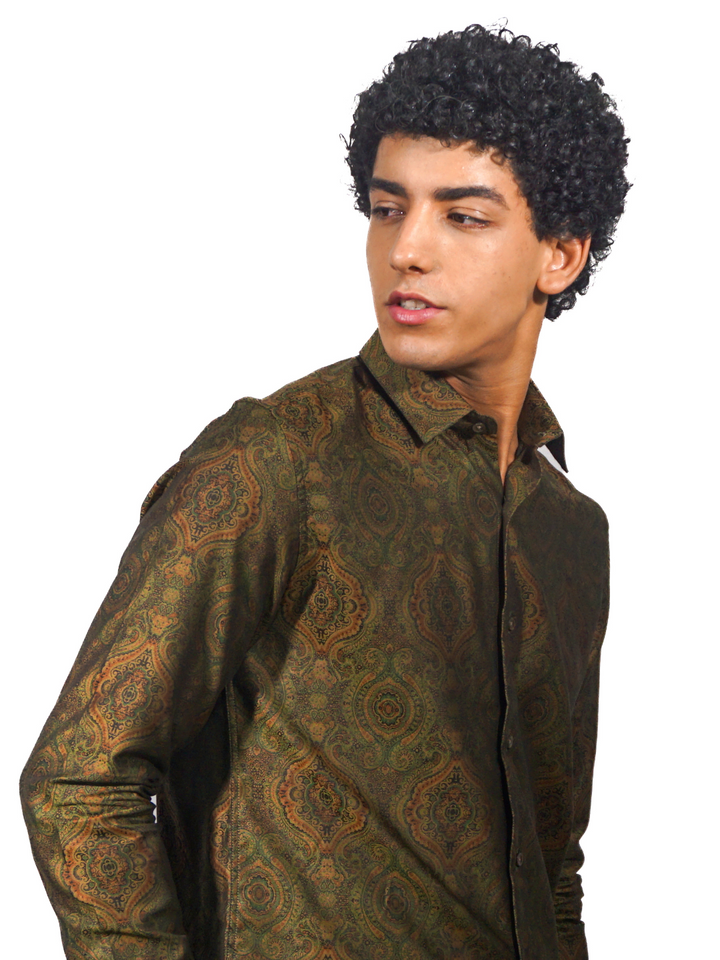 Giza Green Jacquard Long Sleeve Shirt for Men