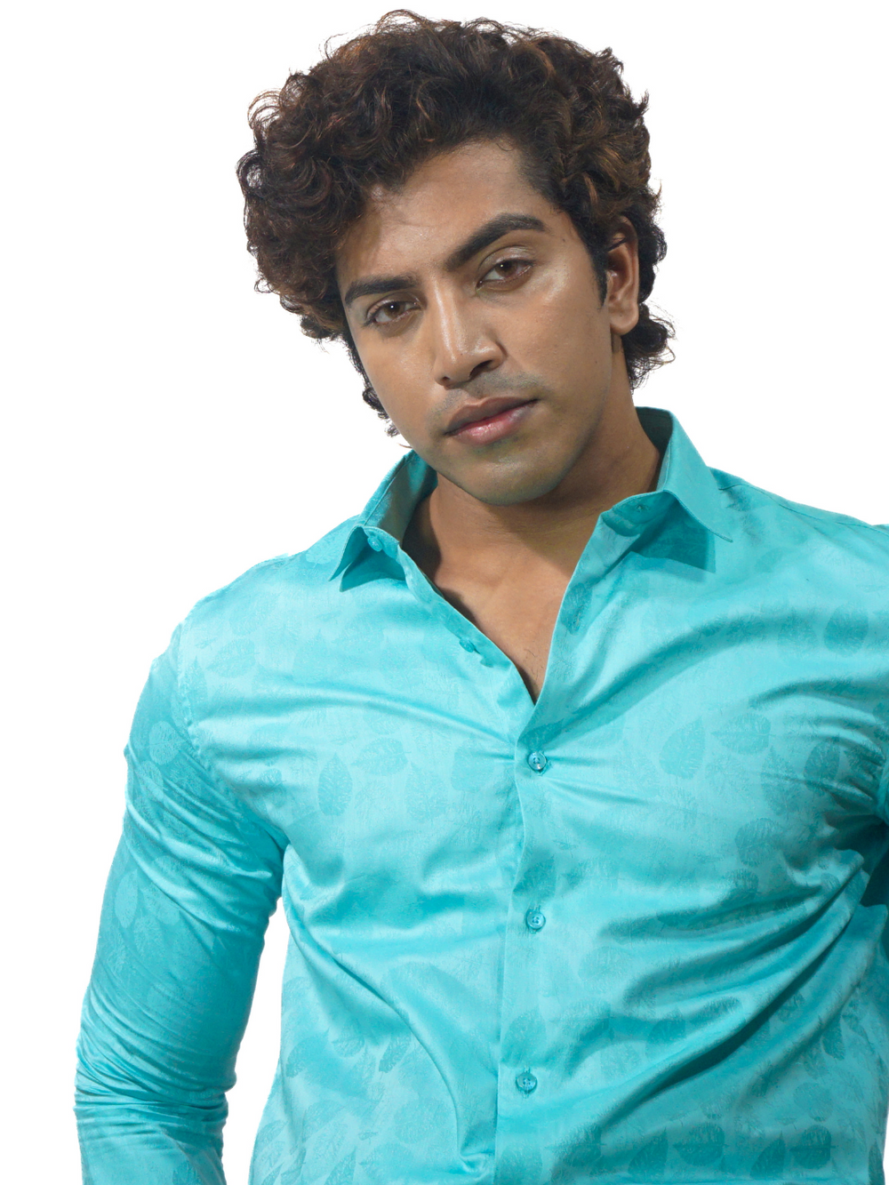 Giza Solid Turquiose Jacquard Long Sleeve Shirt for Men