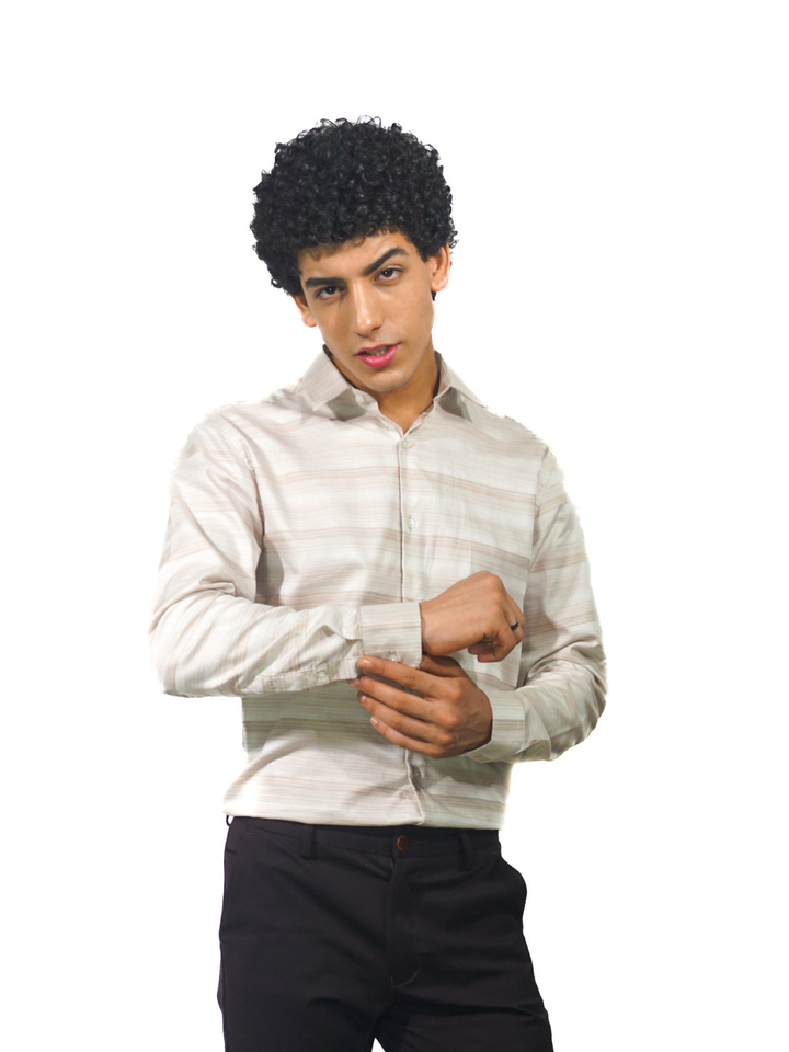 Giza Brown Engineered Stripe Long Sleeve Shirt for Men