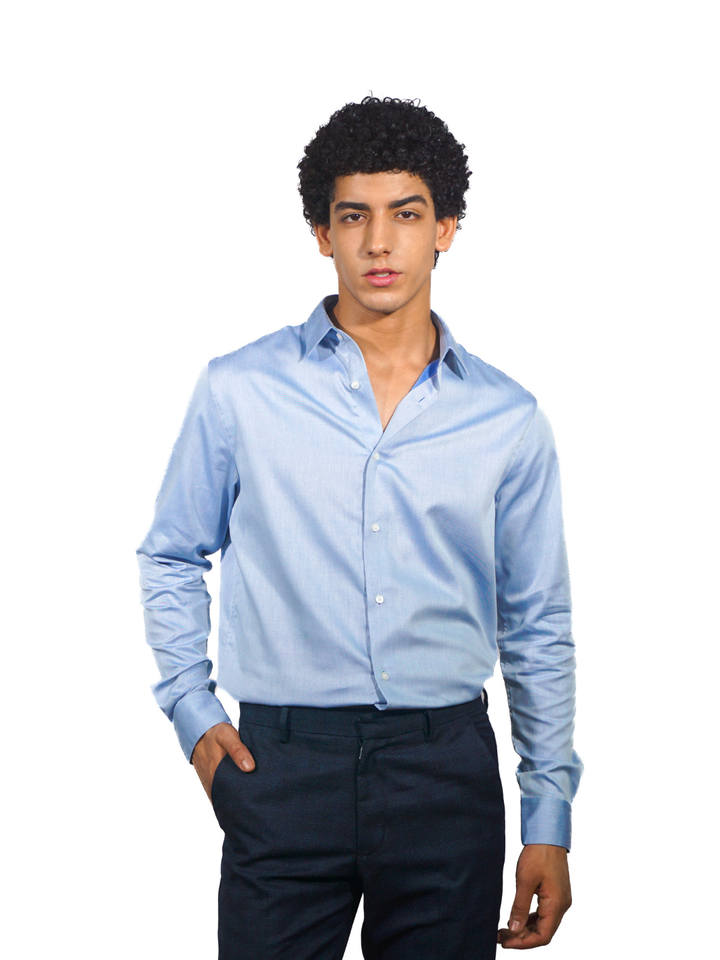 Sky Blue Twill Men's Cotton Long Sleeve Shirt