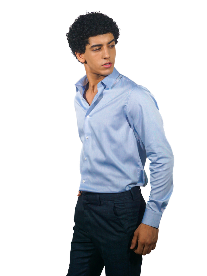 Sky Blue Twill Men's Cotton Long Sleeve Shirt
