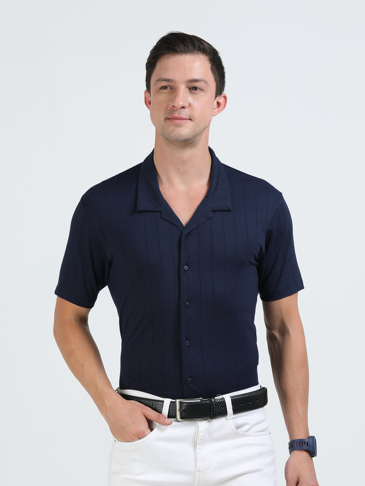 Aureo Navy rich cotton blend full open shirt
