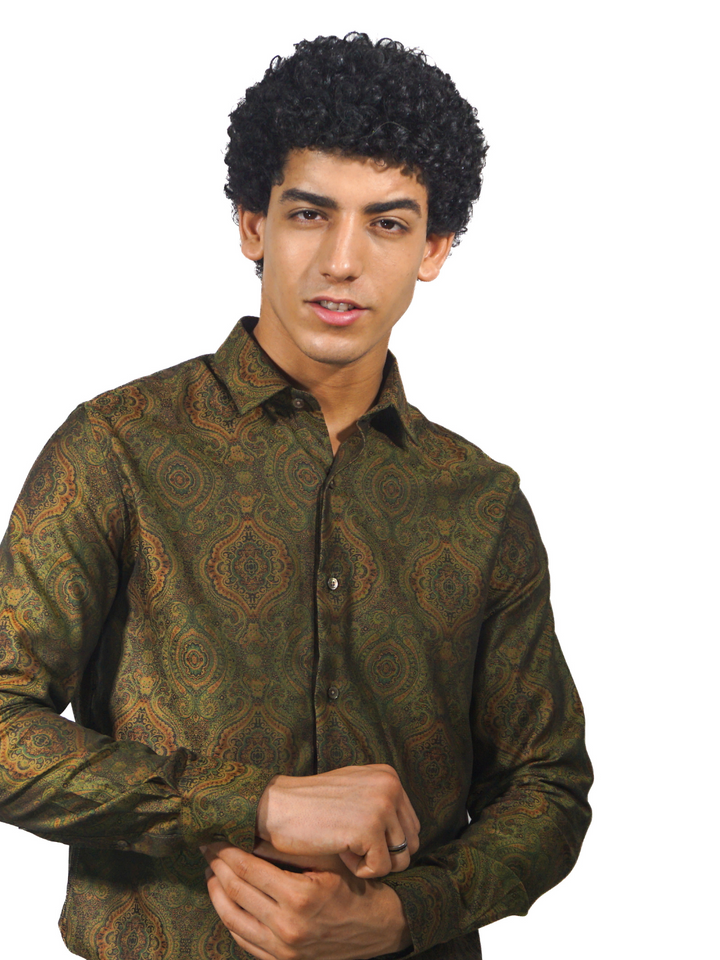 Giza Green Jacquard Long Sleeve Shirt for Men
