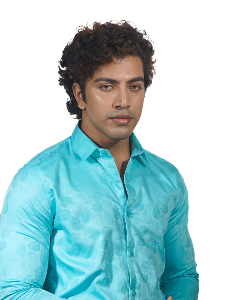 Giza Solid Turquiose Jacquard Long Sleeve Shirt for Men