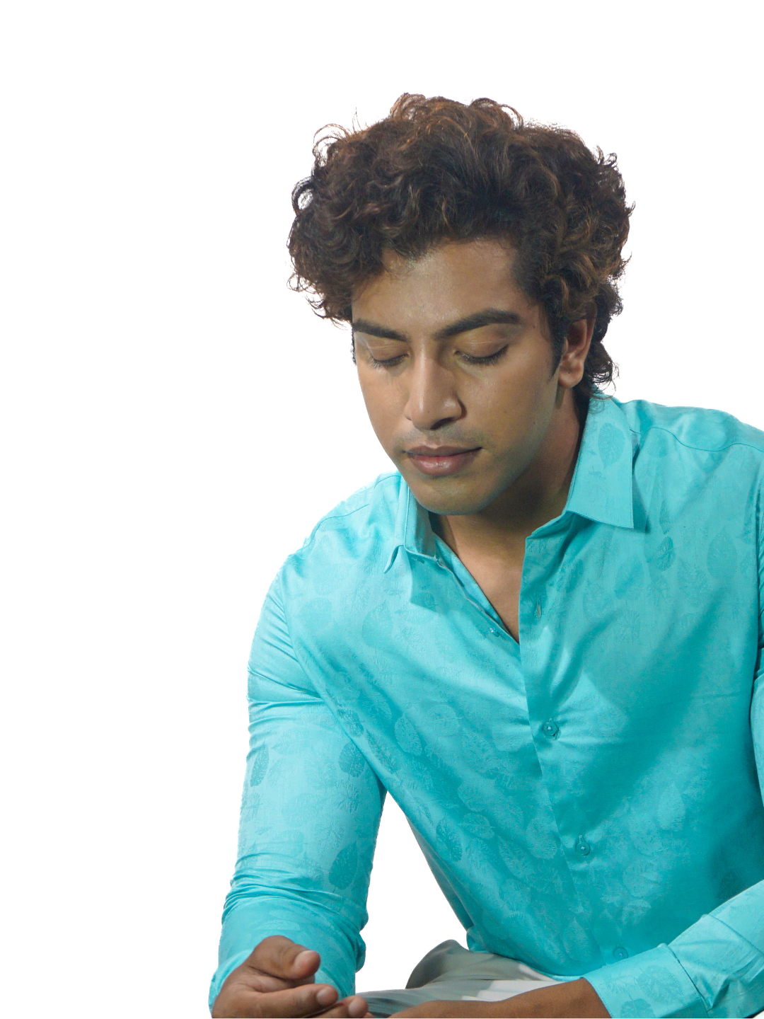 Giza Solid Turquiose Jacquard Long Sleeve Shirt for Men