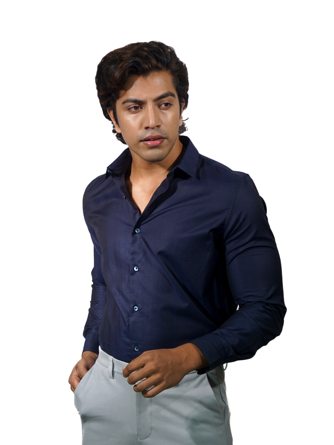 Royal Blue Solid Jacquard Long Sleeve Shirt for Men