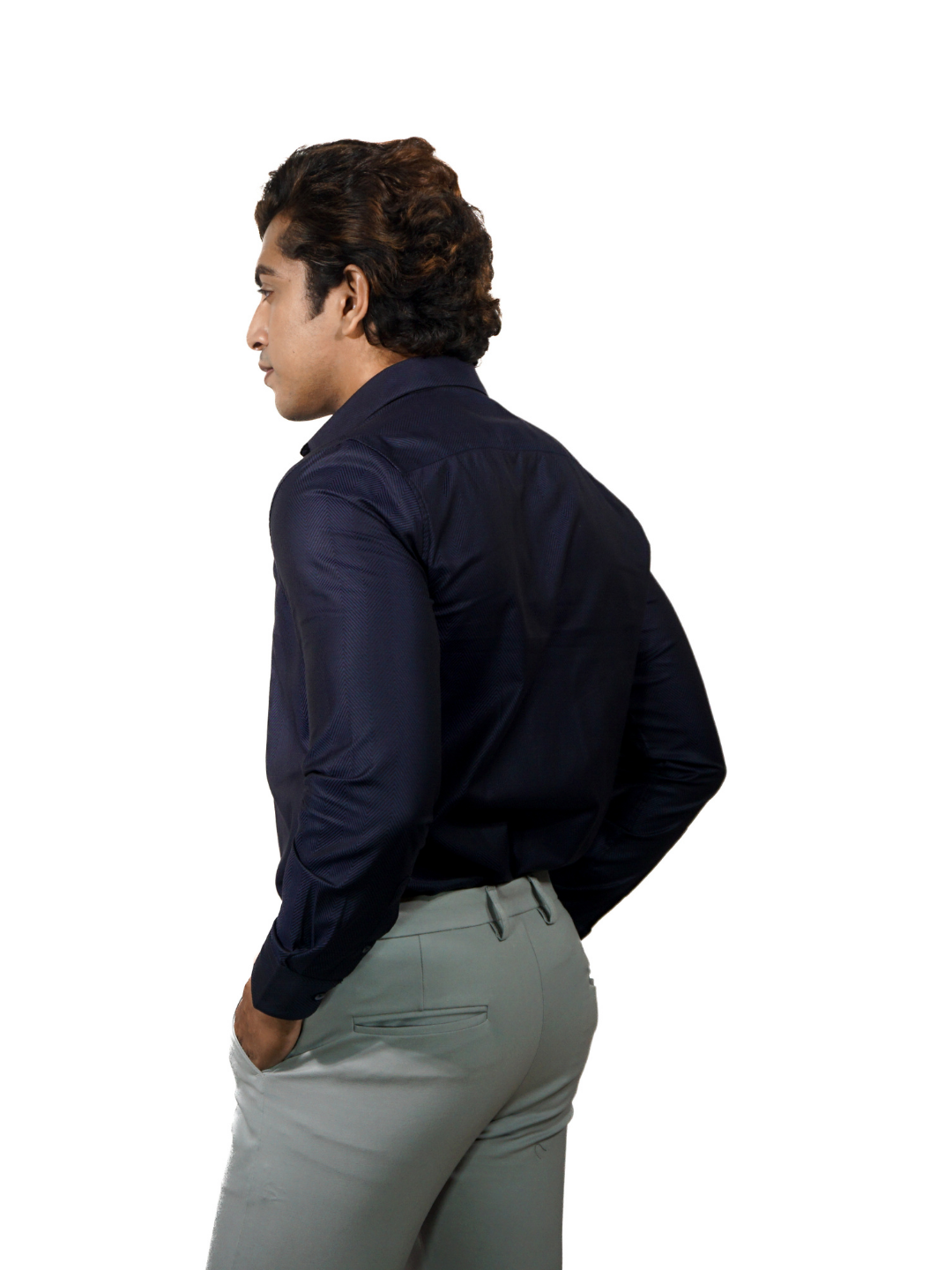 Royal Blue Solid Jacquard Long Sleeve Shirt for Men