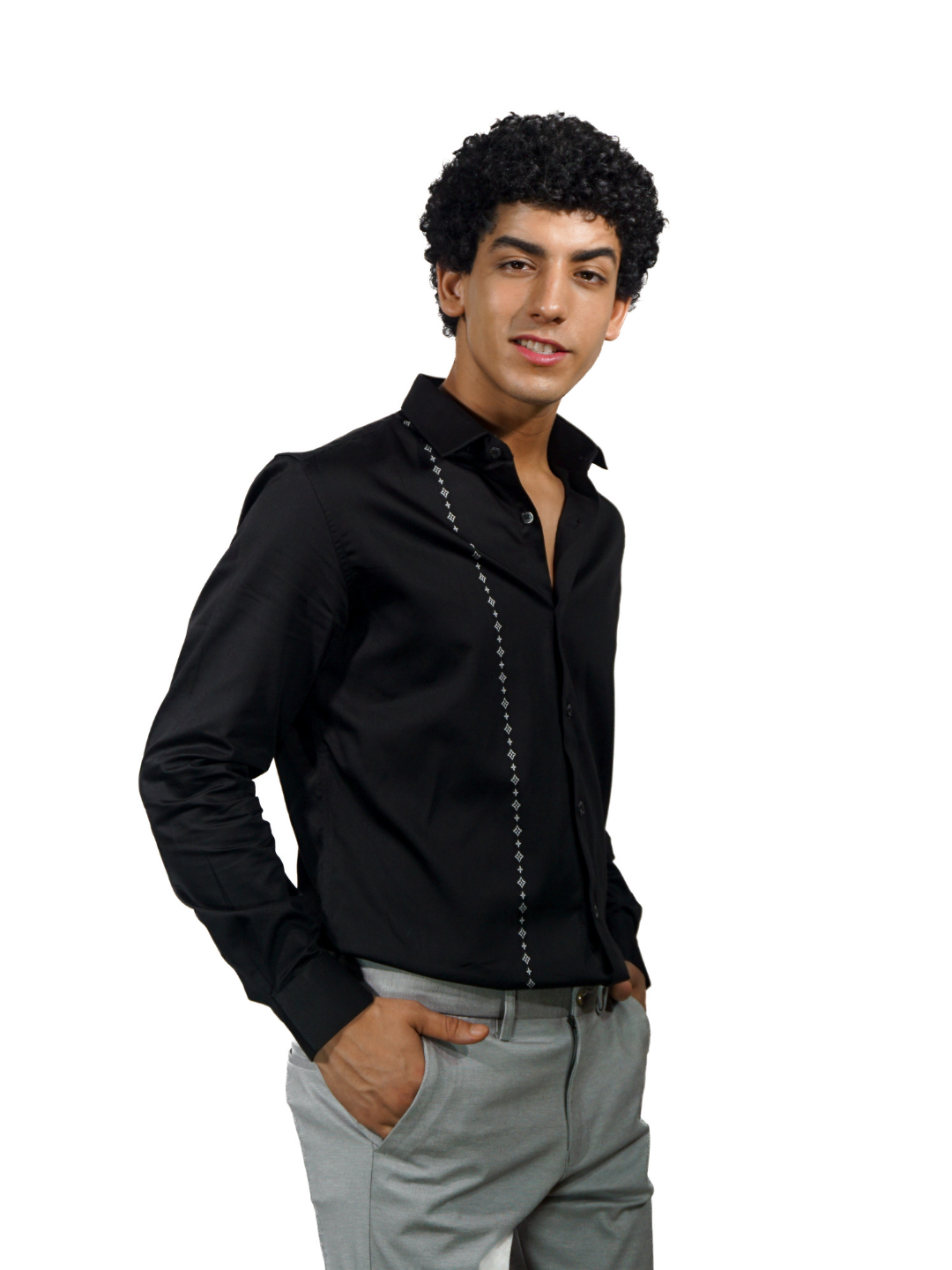 Giza Black White Stripe Jacquard Long Sleeve Shirt for Men