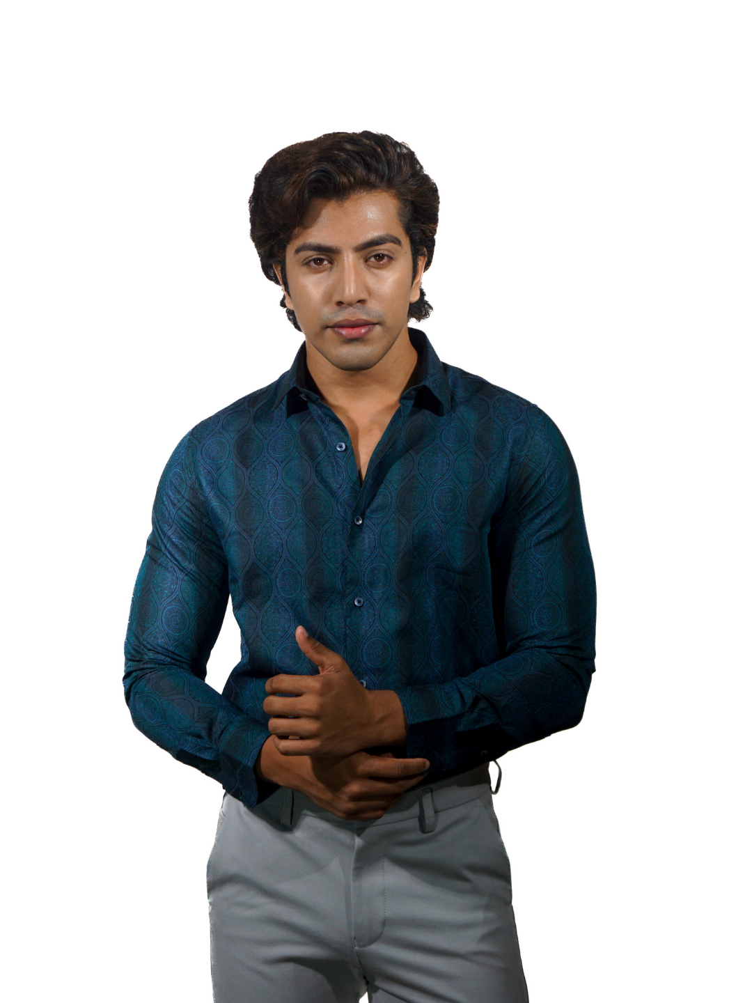 Fine Cotton Magic Eye Jacquard Long Sleeve Shirt for Men