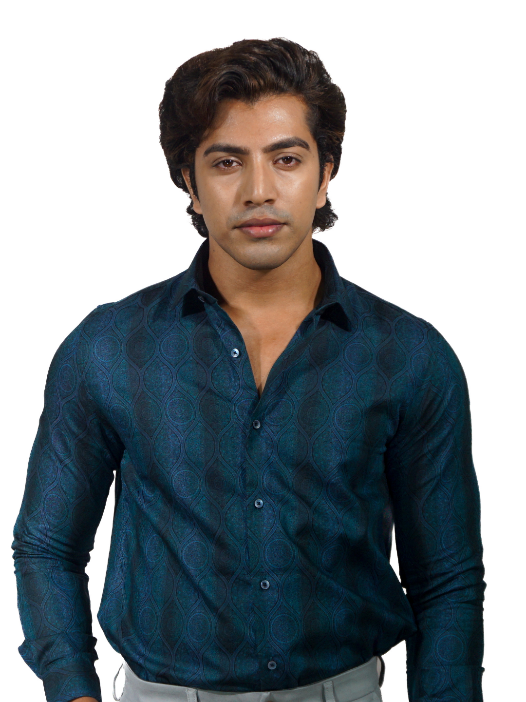 Fine Cotton Magic Eye Jacquard Long Sleeve Shirt for Men