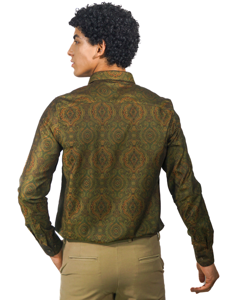 Giza Green Jacquard Long Sleeve Shirt for Men